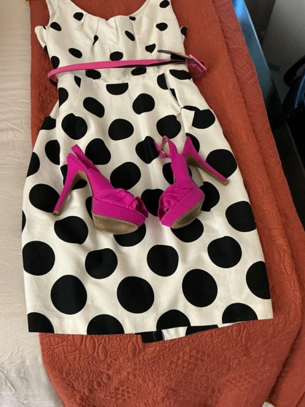 White Black Polka Dot Dress with Pink Belt — Retro Pin-Up Dress, Size M